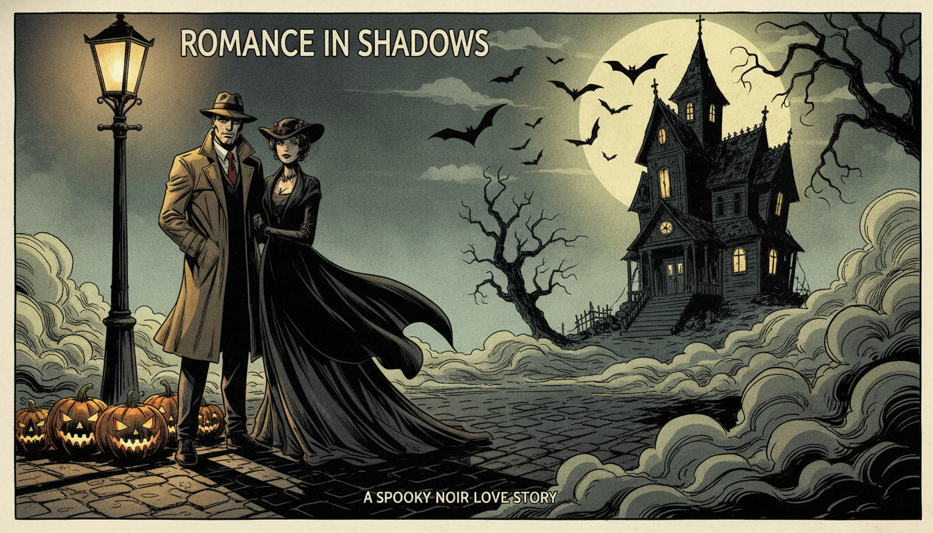 Spooky noir-style comic illustration of a couple as comic characters near a haunted house with pumpkins and bats