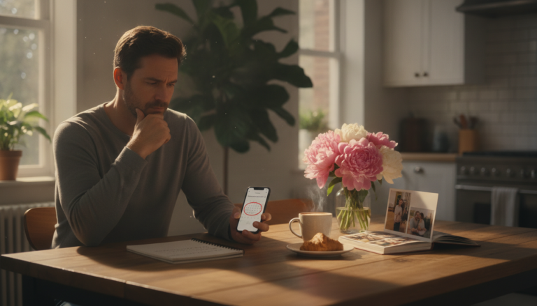 Thoughtful husband planning Wife Appreciation Day at a kitchen table with flowers, coffee, note, and calendar marked September 20, 2026