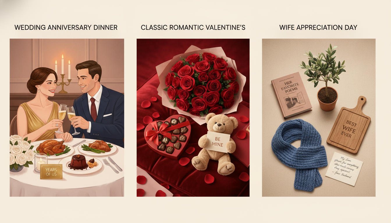 Comparison of anniversary dinner, Valentine’s Day romance, and personal Wife Appreciation Day celebration with meaningful gifts and handwritten note