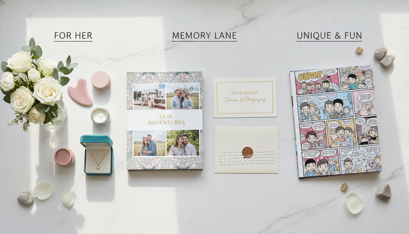 Flat-lay Wife Appreciation Day gift guide with flowers, spa items, jewelry box, photo book, date invitation, handwritten letter, and personalized comic book