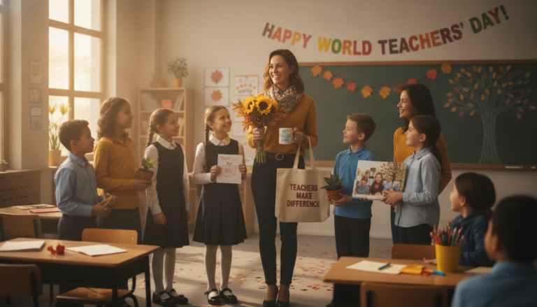 Teacher receiving thoughtful gifts from students and parents in a bright classroom for World Teachers' Day