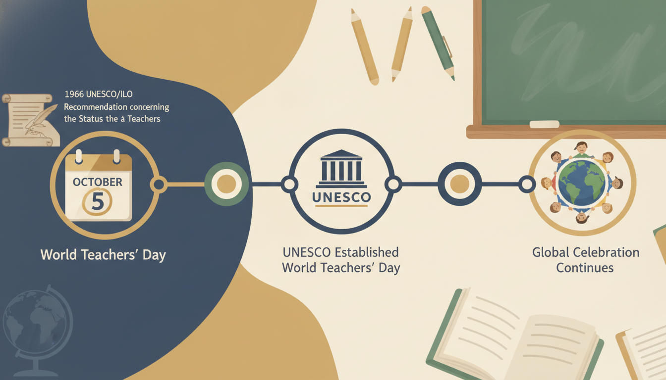 Illustrated timeline showing October 5, UNESCO in 1994, and the 1966 UNESCO ILO recommendation related to teachers