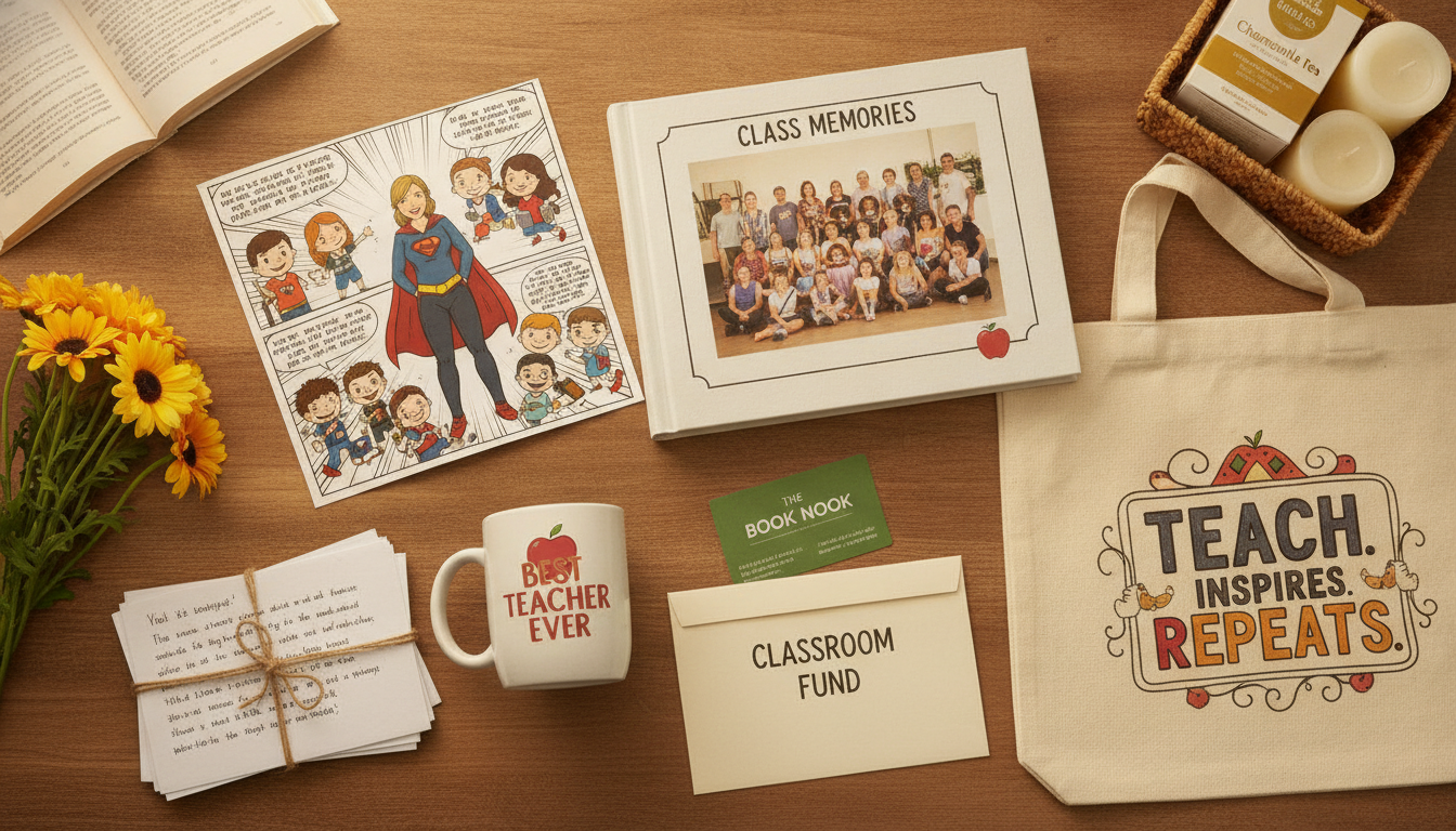 Flat lay of teacher gift ideas including comic pages, mug, tote bag, photo book, flowers, letters, gift card, and self-care basket