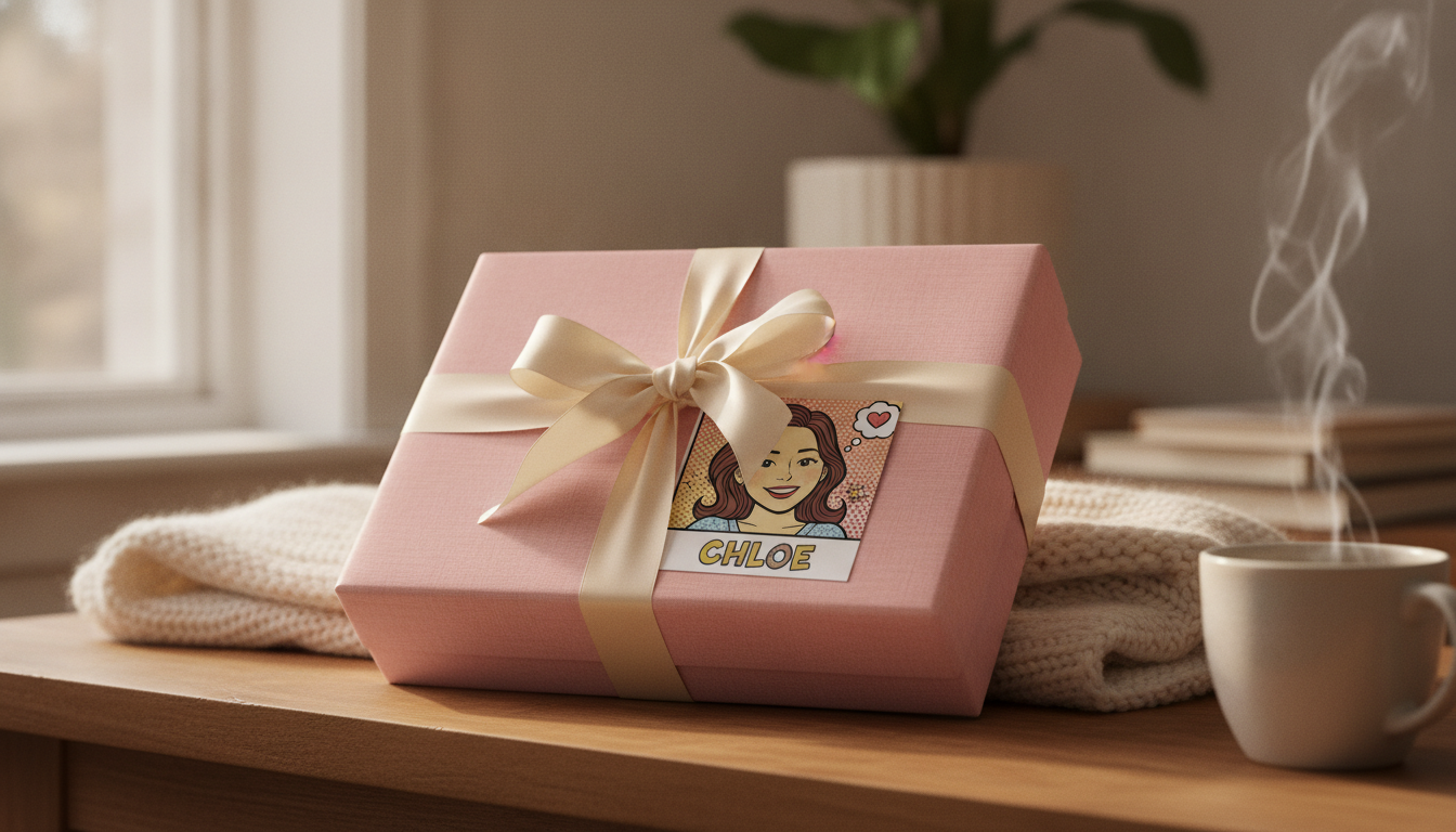 Beautifully wrapped personalized gift with comic-style art for a girlfriend on a cozy table