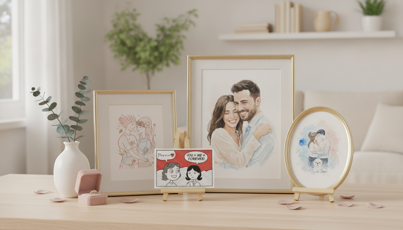 Custom art gift ideas for a girlfriend including portrait and couple artwork displayed on a tabletop