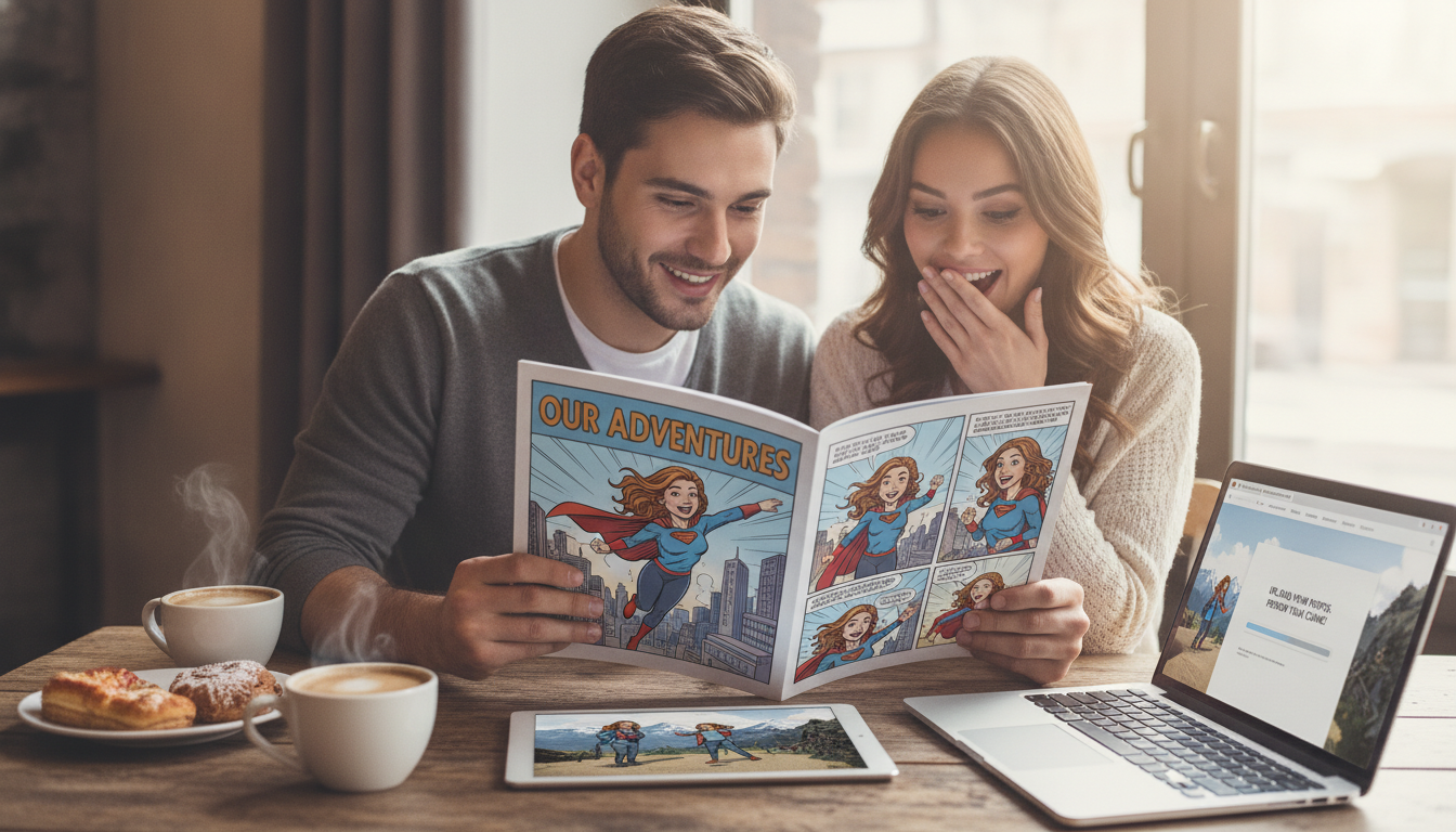 Custom comic book gift starring a girlfriend created from photos as a couple reviews illustrated pages together
