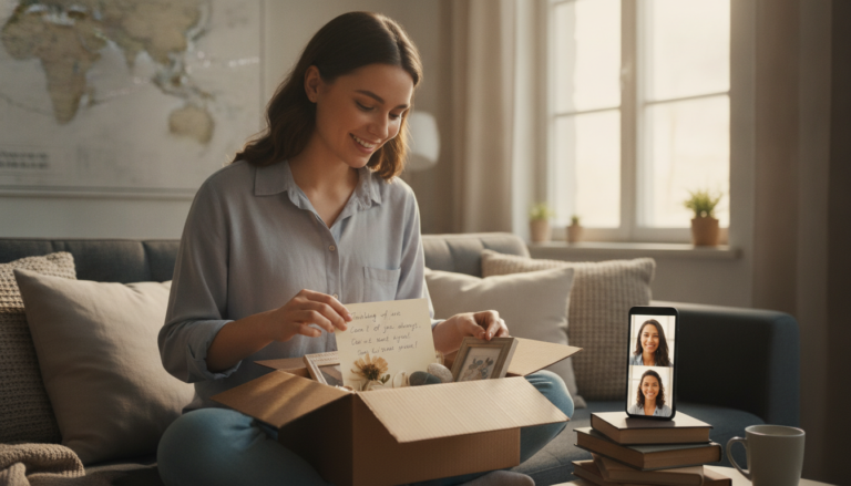 Person opening a thoughtful mailed gift during a long-distance video call in a cozy apartment