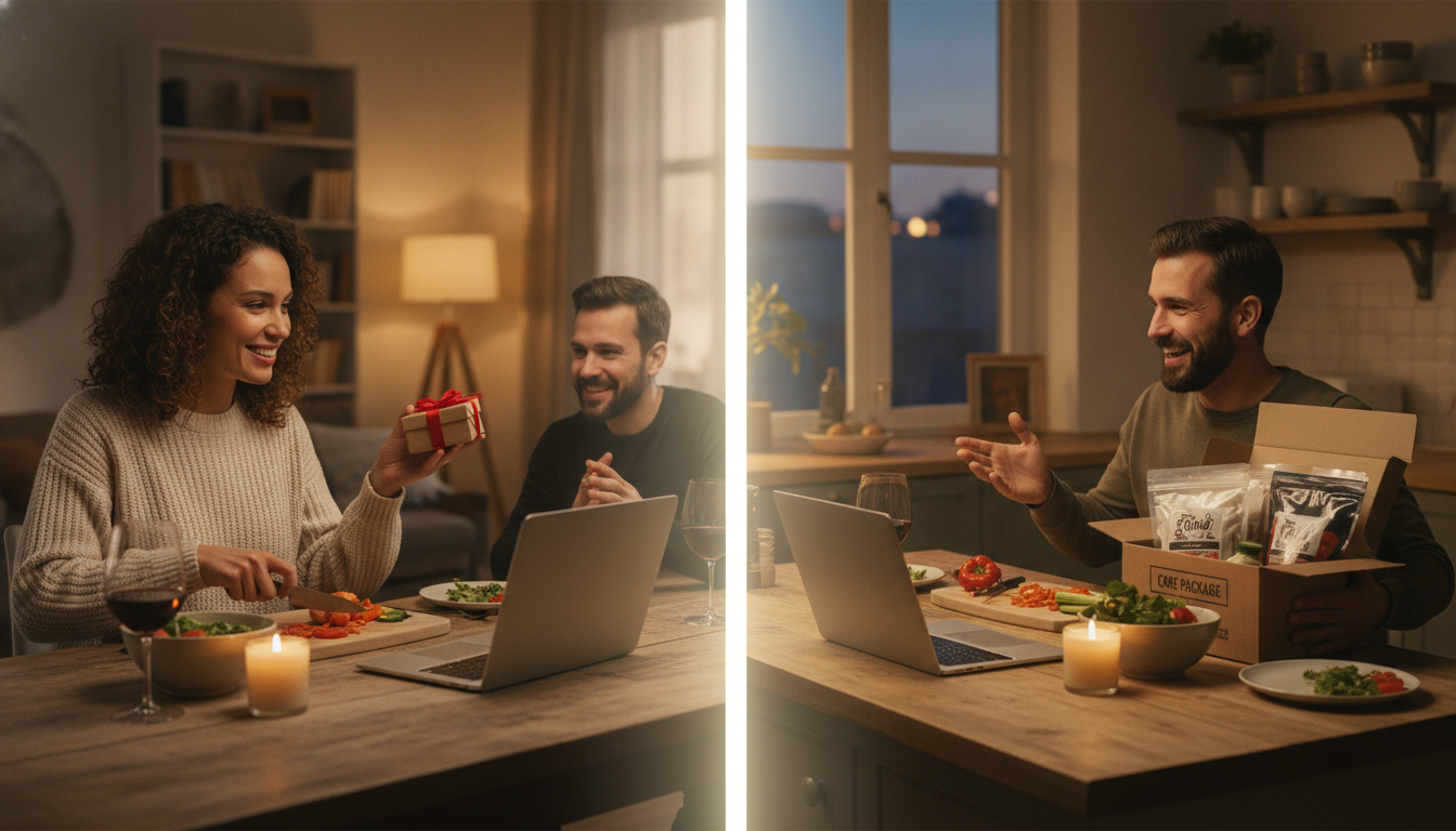 Two people in different homes sharing a virtual cooking date and mailed surprise over a video call