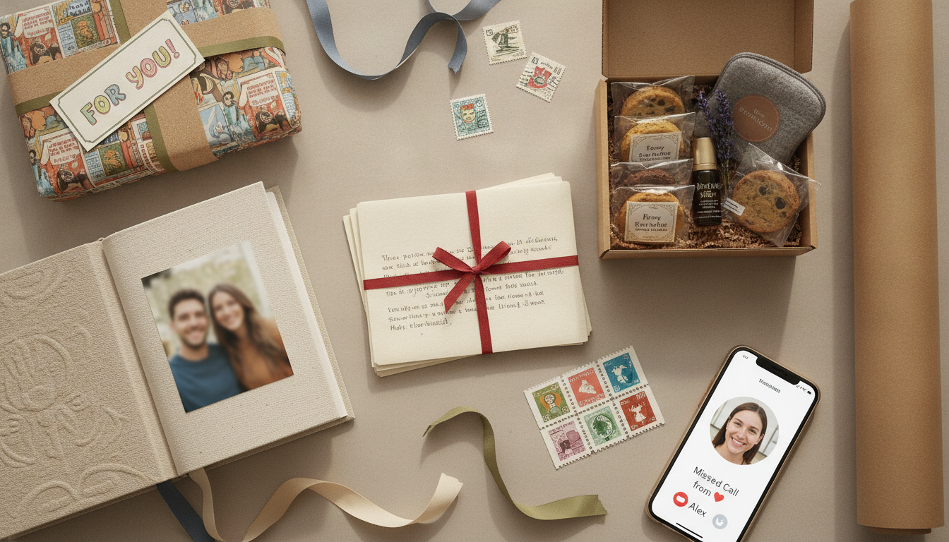 Thoughtful long-distance gifts by mail including letters, a care package, a photo book, and a wrapped printed comic book