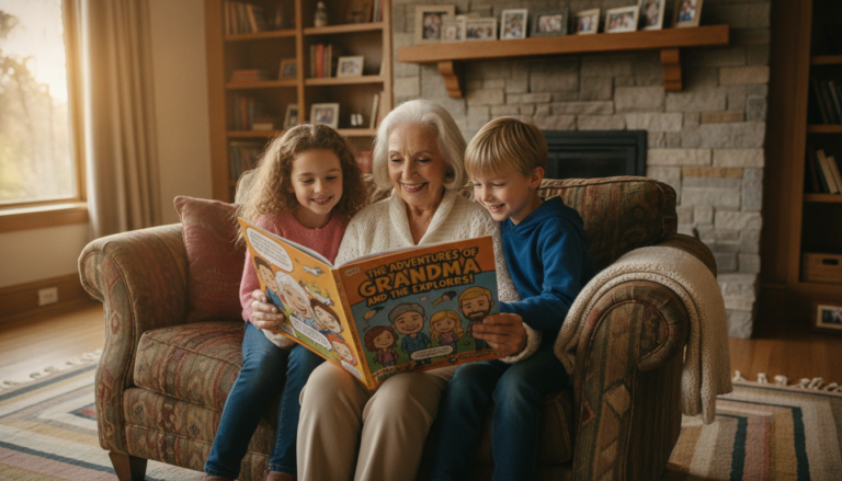 Grandmother reading a personalized comic book with her grandchildren on a couch.
