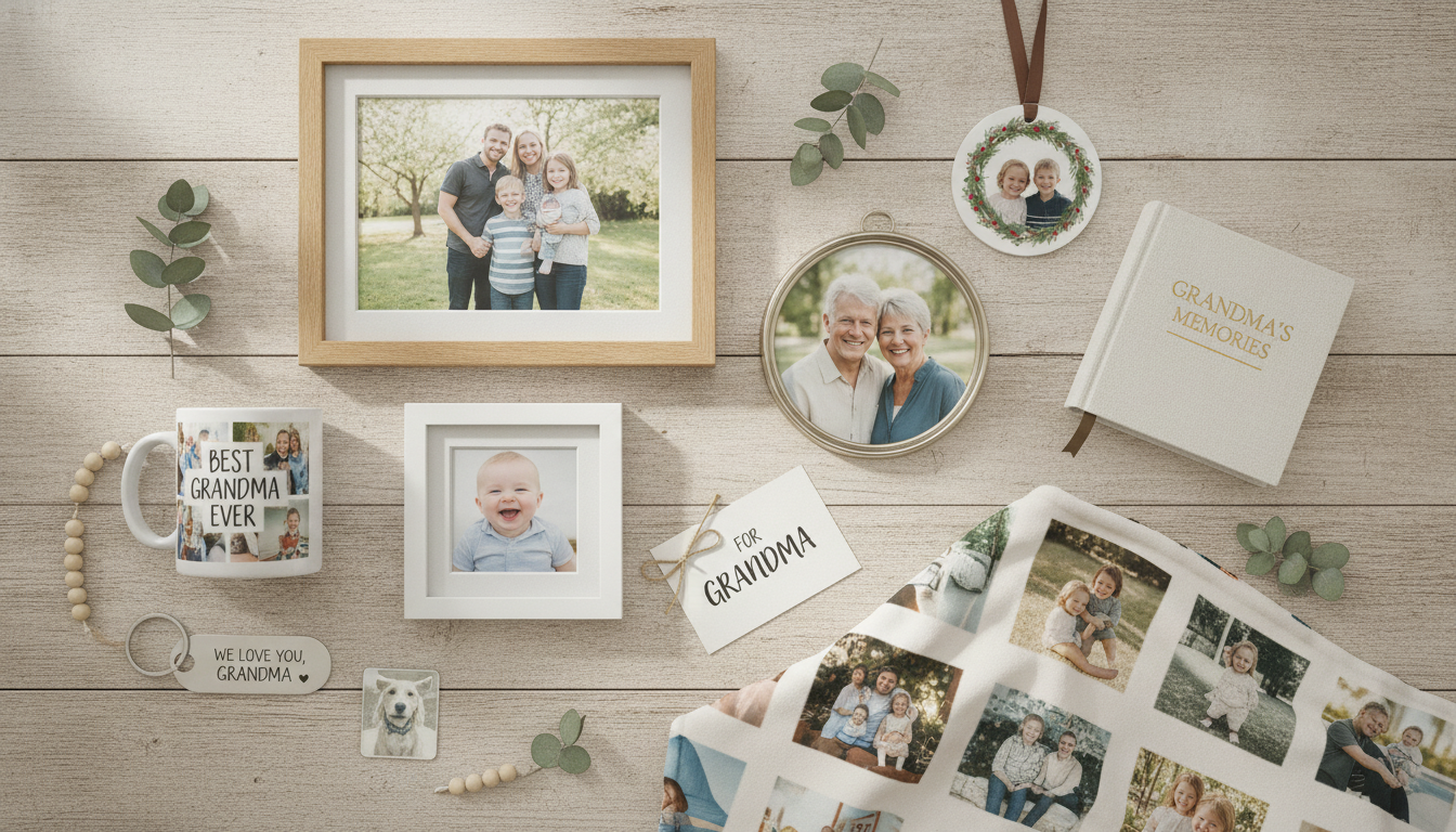 Arrangement of personalized photo gifts for grandma including framed pictures and keepsakes.