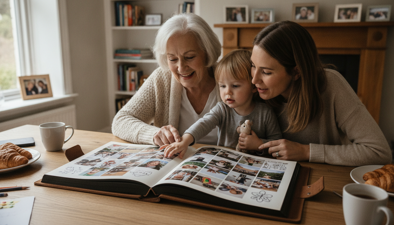 Family looking through a custom personalized book together at a table.
