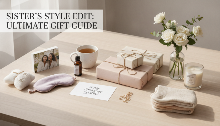 Gift guide setup with presents, keepsakes, flowers, and a handwritten card for a sister