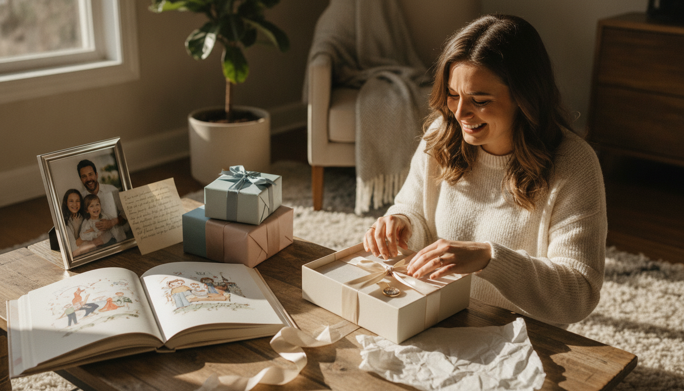 Woman opening a sentimental personalized gift with an illustrated book, framed photo, and handwritten note