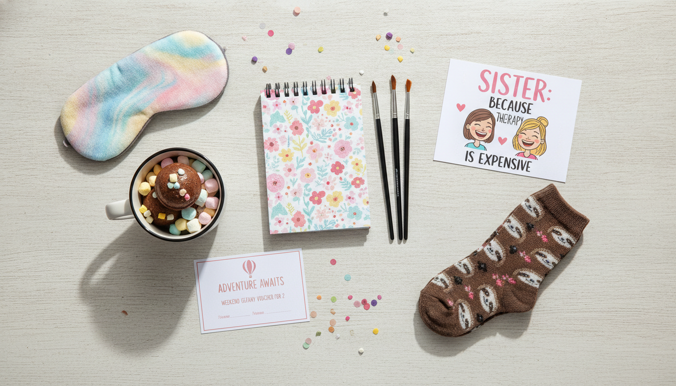 Colorful mix of creative and playful gift ideas for different sister personalities arranged in a flat lay