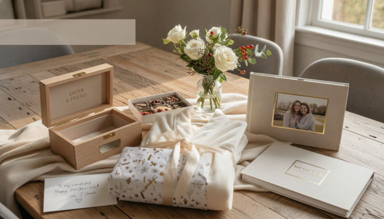 Thoughtful sister-in-law gift ideas arranged for a warm gift guide header.