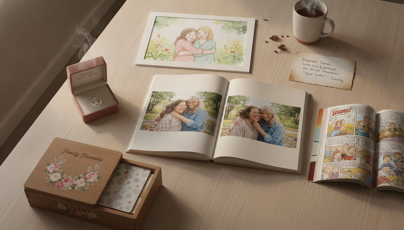 Sentimental personalized gift ideas for a sister-in-law including a photo book, jewelry, and a custom comic gift.