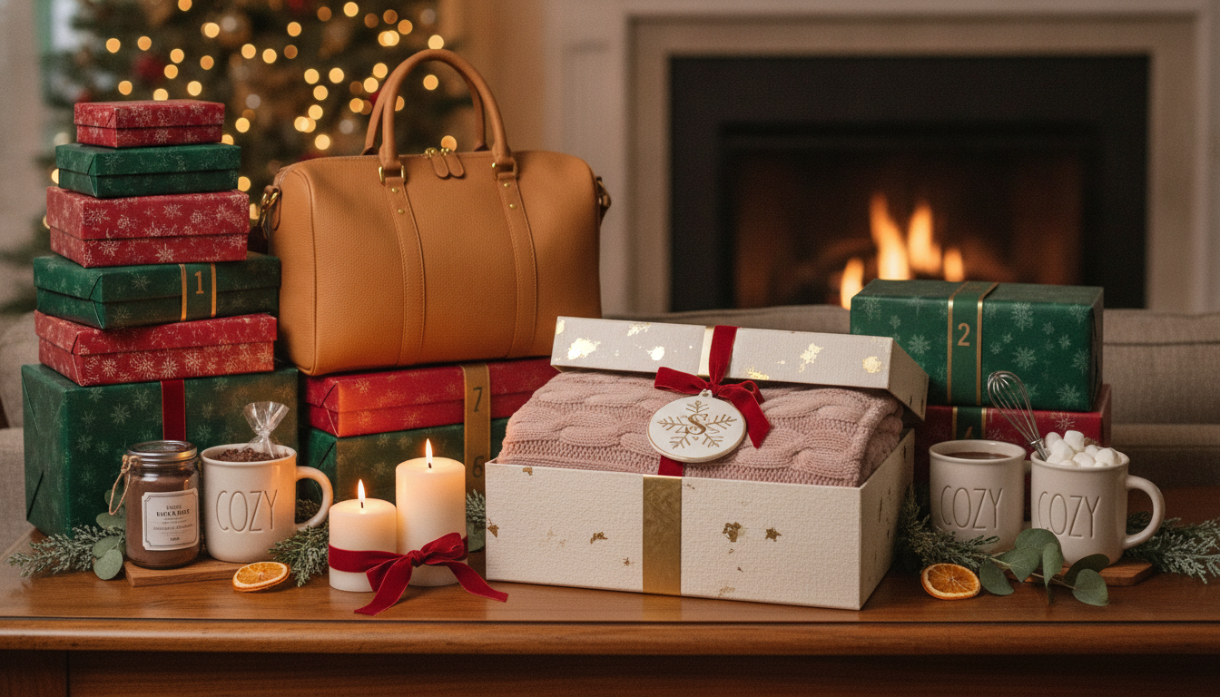 Birthday and Christmas gift ideas for a sister-in-law including a cozy set, ornament, and weekender bag.