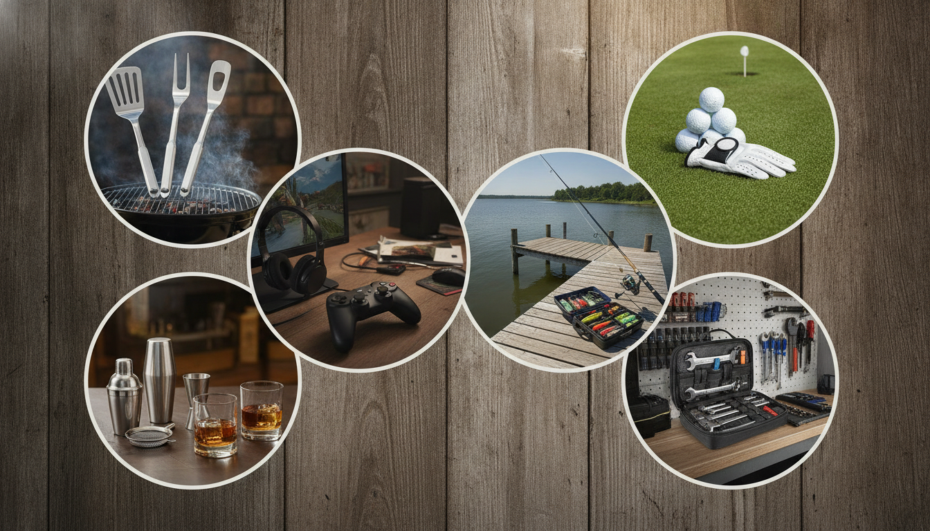 A collection of hobby-themed gift ideas for a brother-in-law, including grilling, golf, gaming, fishing, home bar, and tools.