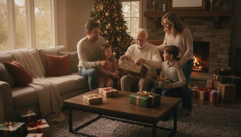 Grandpa opening a thoughtful gift while family gathers around in a cozy living room