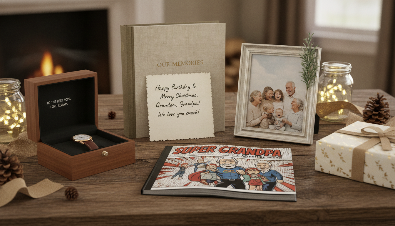 Personalized gifts for grandpa arranged on a table, including a custom comic-style keepsake and family photos