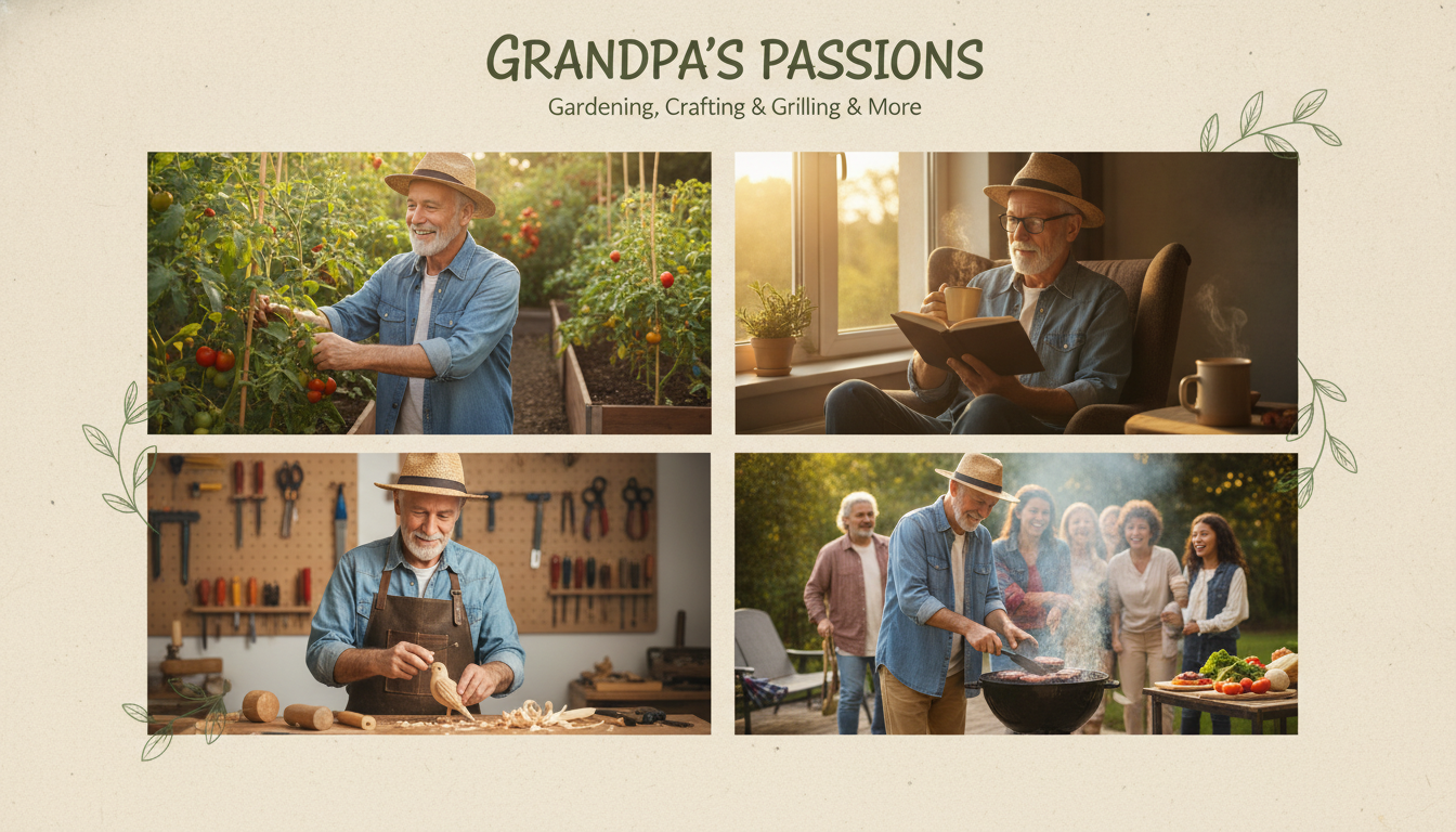 Grandpa enjoying his favorite hobbies, including gardening, reading with coffee, woodworking, and grilling