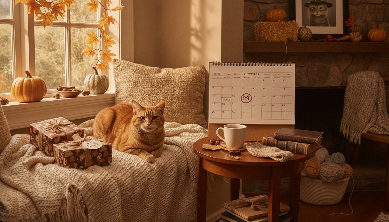 Cozy autumn home scene with a relaxed cat beside wrapped cat-themed gifts and a calendar opened to October 29, 2026