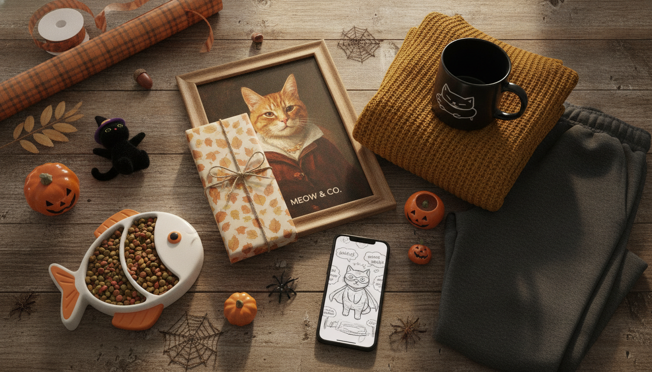 Gift flat lay for cat lovers with a custom pet portrait, cat mug, cozy accessories, puzzle feeder, and autumn gift wrapping