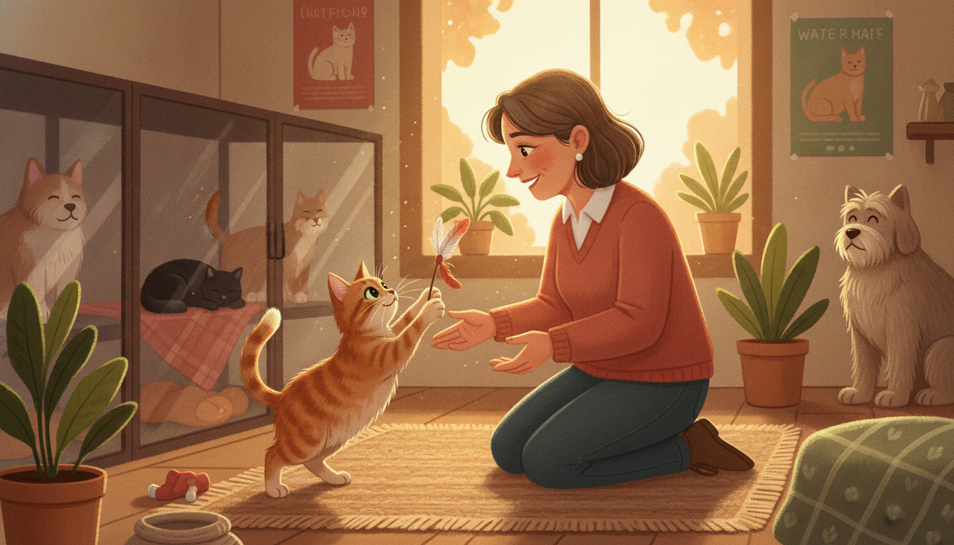 Friendly shelter cat meeting a potential adopter in a bright, welcoming animal shelter with a hopeful atmosphere