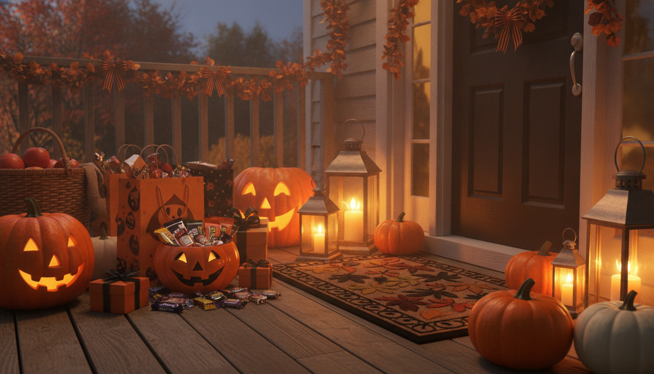 Autumn front porch decorated for Halloween with pumpkins, lanterns, gift bags, and small wrapped presents beside a candy bowl