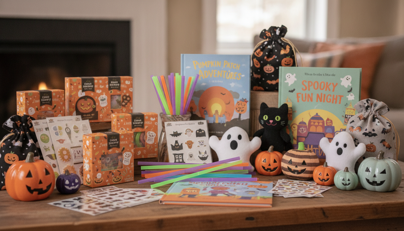 Halloween gifts for children arranged on a table including craft kits, glow sticks, stickers, mini plush toys, books, pumpkins, and treat bags