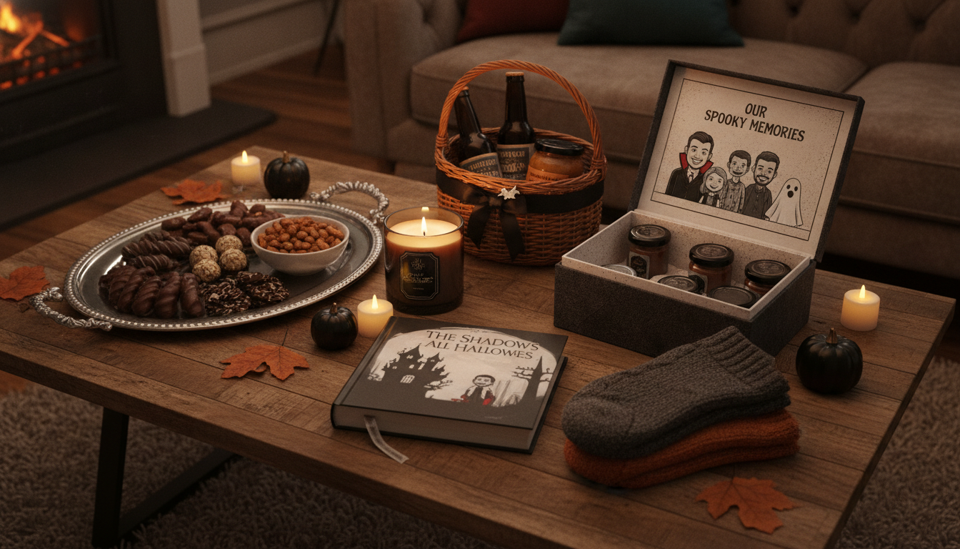 Adult Halloween gift arrangement on a coffee table with candle, gourmet snacks, spooky novel, cozy socks, a small gift basket, and a comic-style keepsake in a noir mood