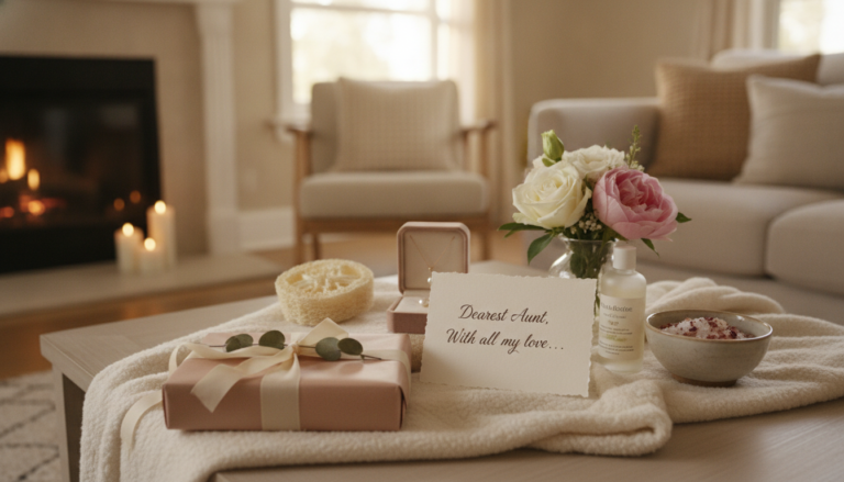 Cozy gift guide scene with wrapped present, flowers, jewelry box, spa items, and a handwritten card for an aunt