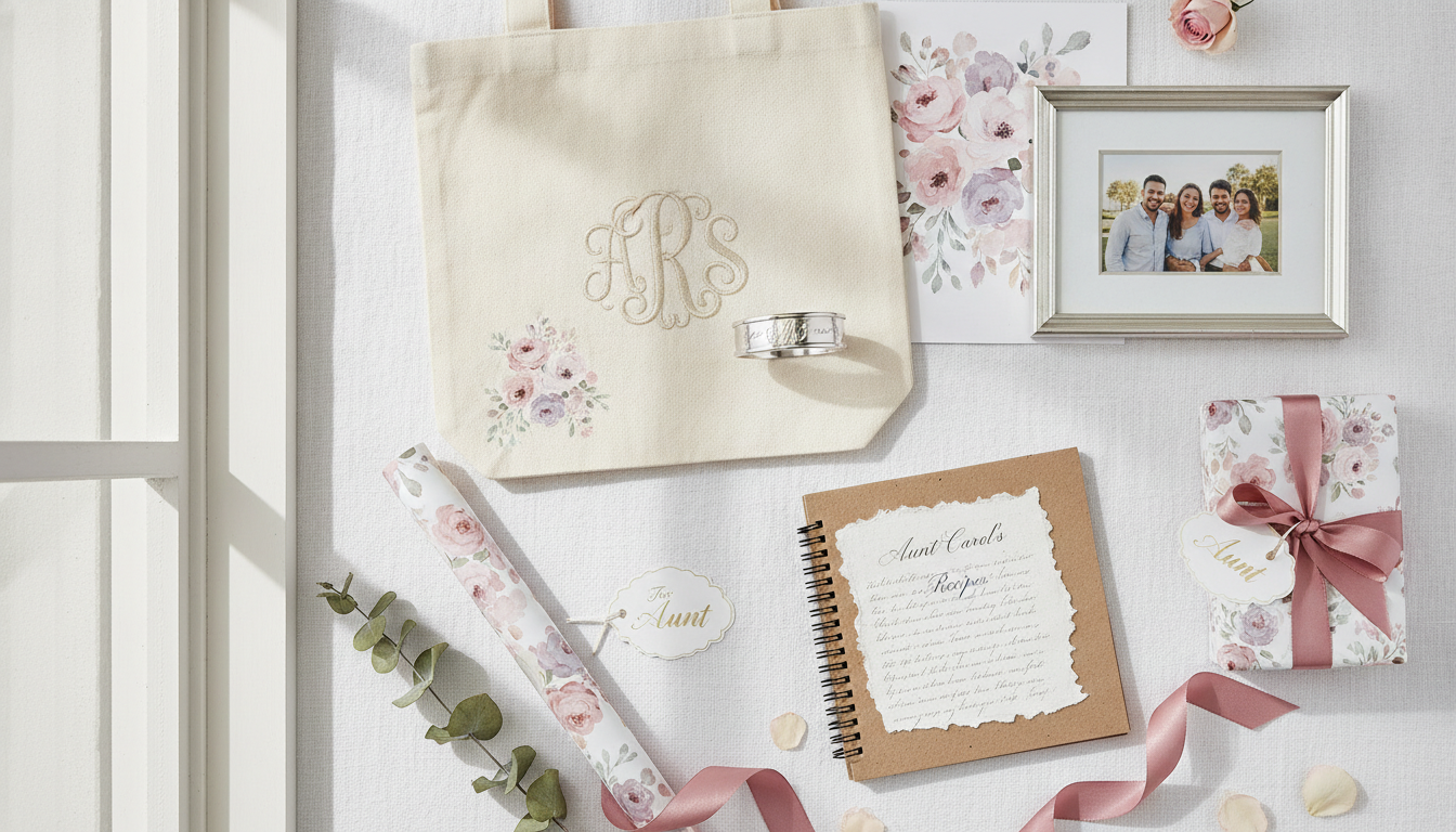 Flat lay of personalized gifts for an aunt including engraved bracelet, monogrammed tote, framed family photo, floral print, and recipe notebook