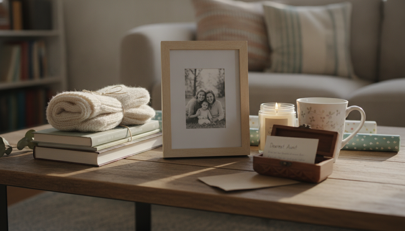 Budget-friendly aunt gifts on a table including framed photo, books, mug, candle, keepsake box, cozy socks, and handwritten note