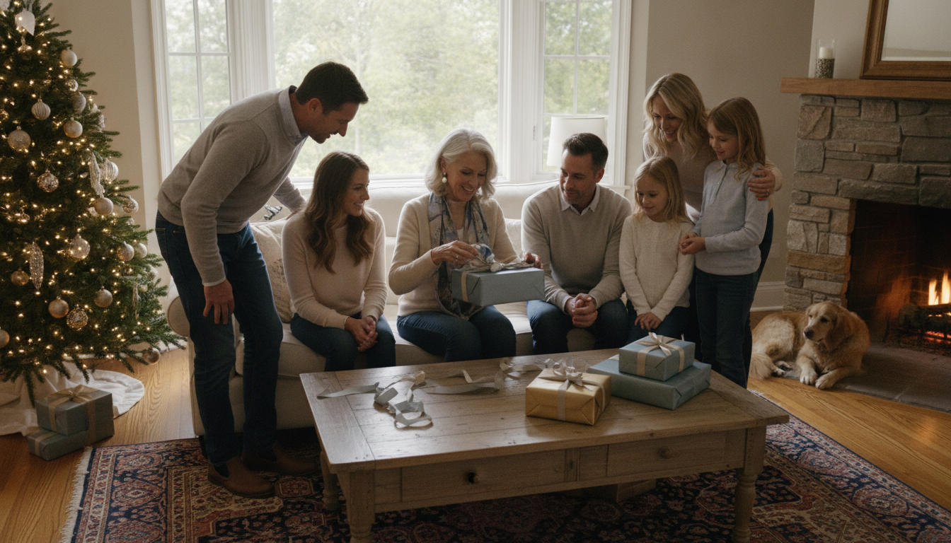 A smiling mother-in-law opening a wrapped gift in a cozy living room while family gathers around her