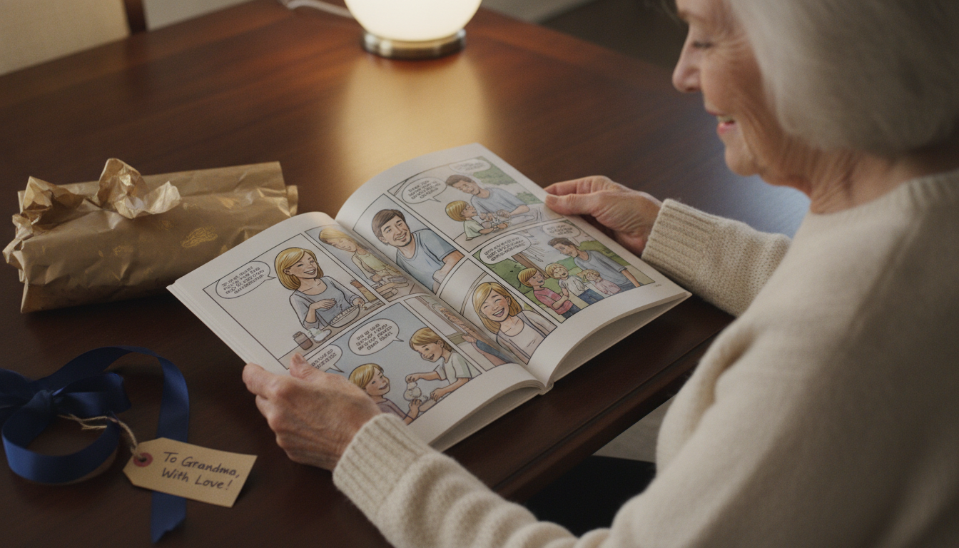 A personalized comic book gift open on a coffee table showing illustrated family scenes as a mother-in-law smiles while reading