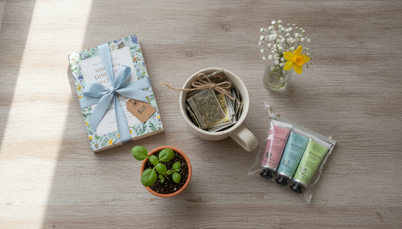 A flat lay of budget-friendly gift ideas including a mug with tea, paperback book, potted herb, hand cream set, and a small vase with flowers