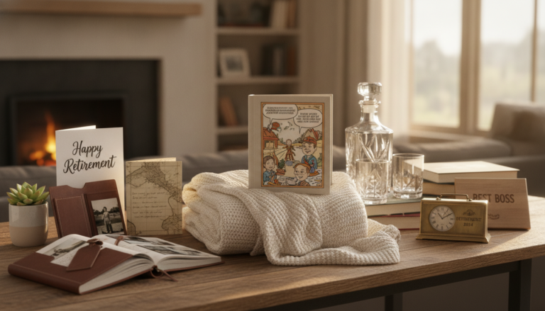 Thoughtful retirement gifts arranged on a table including a memory book, personalized keepsake, cozy blanket, travel accessories, garden gift, and card
