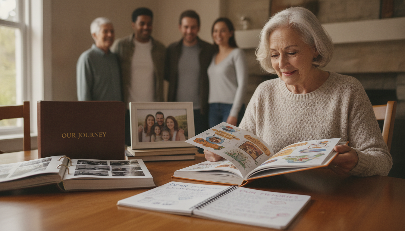 Retiree looking through meaningful retirement keepsakes including an illustrated storybook, photo album, memory book, and framed portrait
