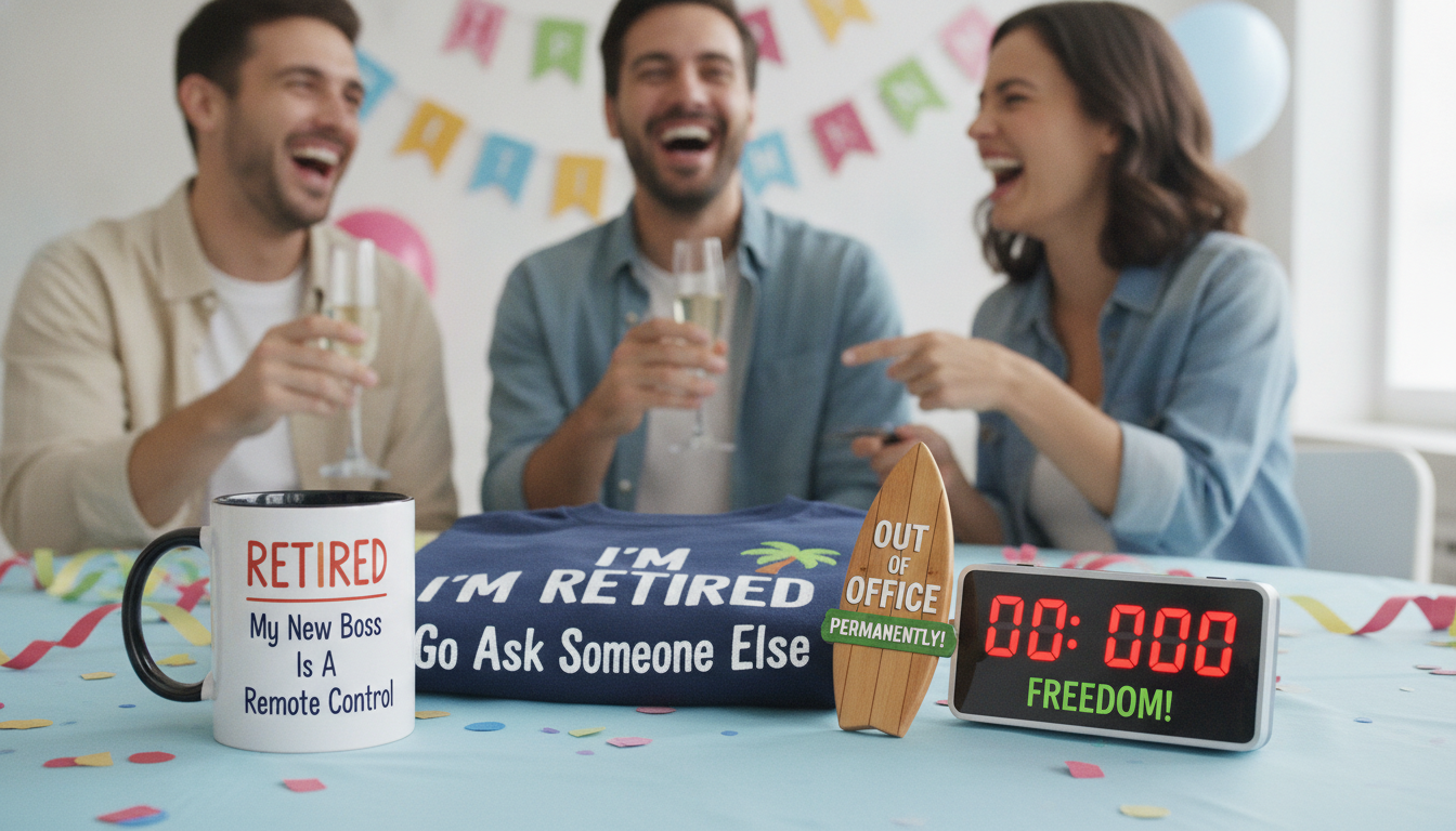 Funny retirement gifts on a celebration table including a playful mug, humorous shirt, out of office sign, and countdown clock