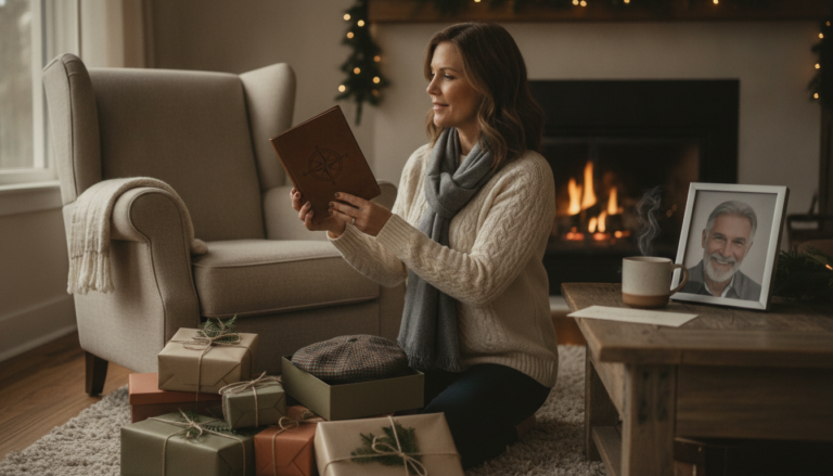 Thoughtful holiday gift shopping scene with wrapped presents and a handwritten card for a father-in-law