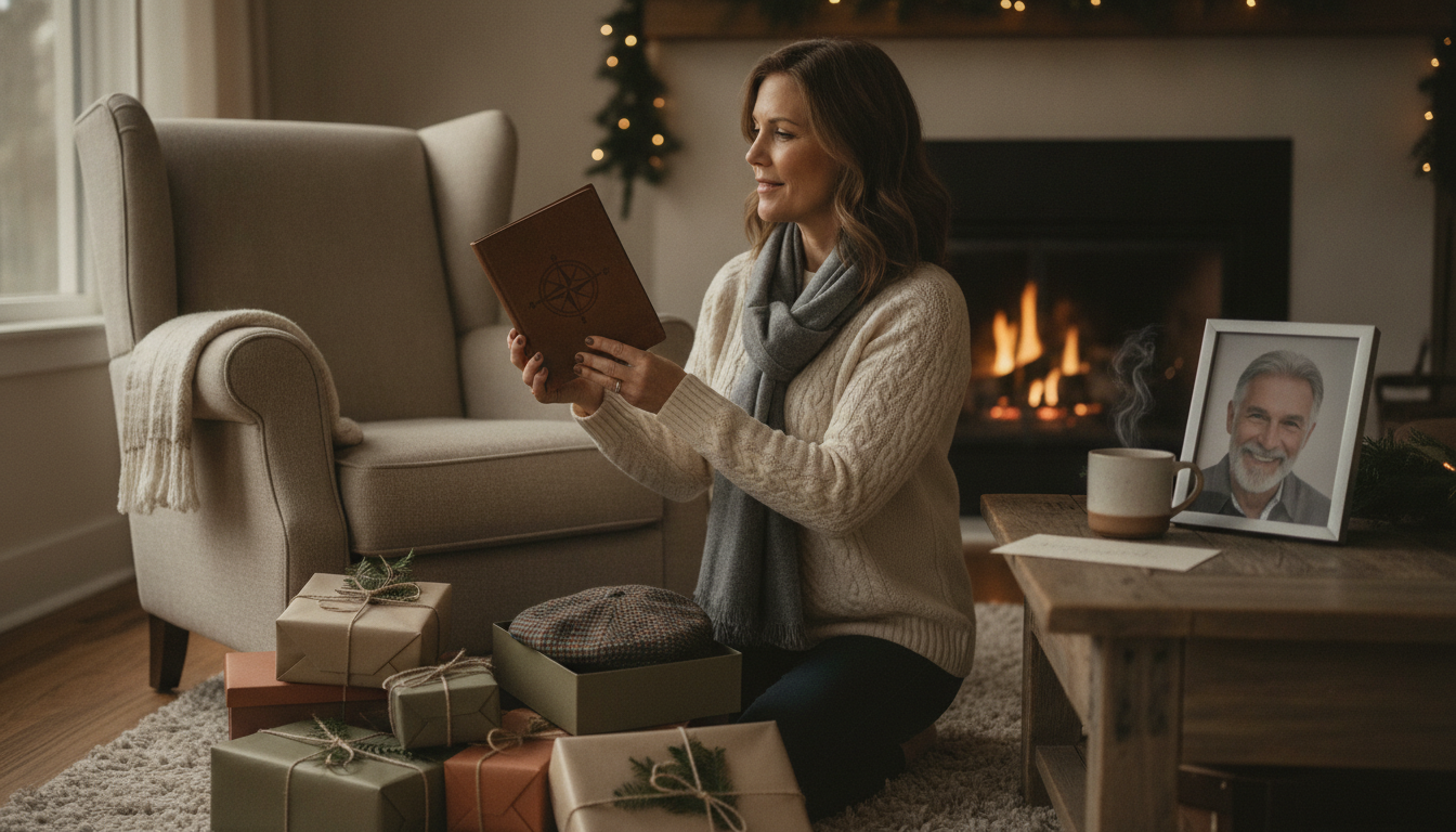 Thoughtful holiday gift shopping scene with wrapped presents and a handwritten card for a father-in-law