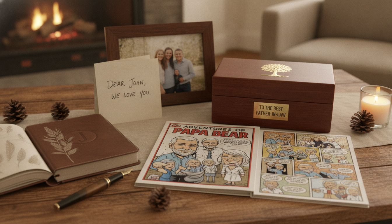 Personalized gifts for a father-in-law including a custom comic book, engraved keepsake box, journal, and handwritten card