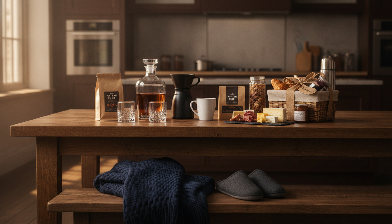 Food, drink, and comfort gifts for a father-in-law including coffee, whiskey glasses, breakfast hamper, slippers, and a throw blanket