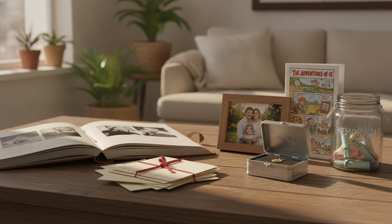 Cozy table with sentimental personalized gifts including photo book, handwritten letters, engraved box, framed portrait, memory jar, and custom comic keepsake