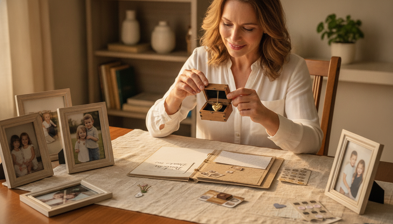 Mother opening a sentimental personalized keepsake at a dining table with family photos and handwritten note nearby