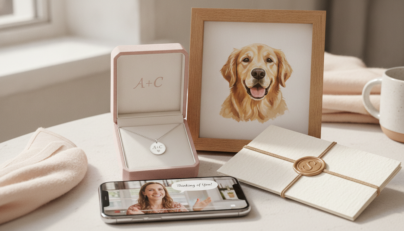Elegant arrangement of sentimental personalized gifts including engraved jewelry, pet portrait, handwritten letters, and phone showing video messages