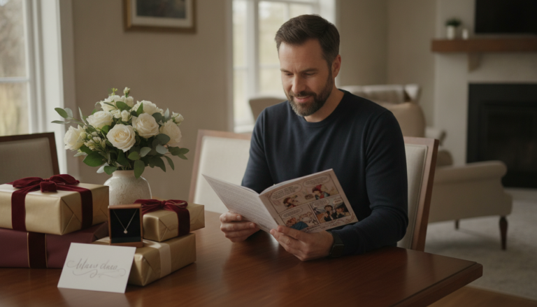 Thoughtful husband choosing a meaningful gift for his wife with wrapped presents, handwritten card, flowers, and a personalized keepsake at home