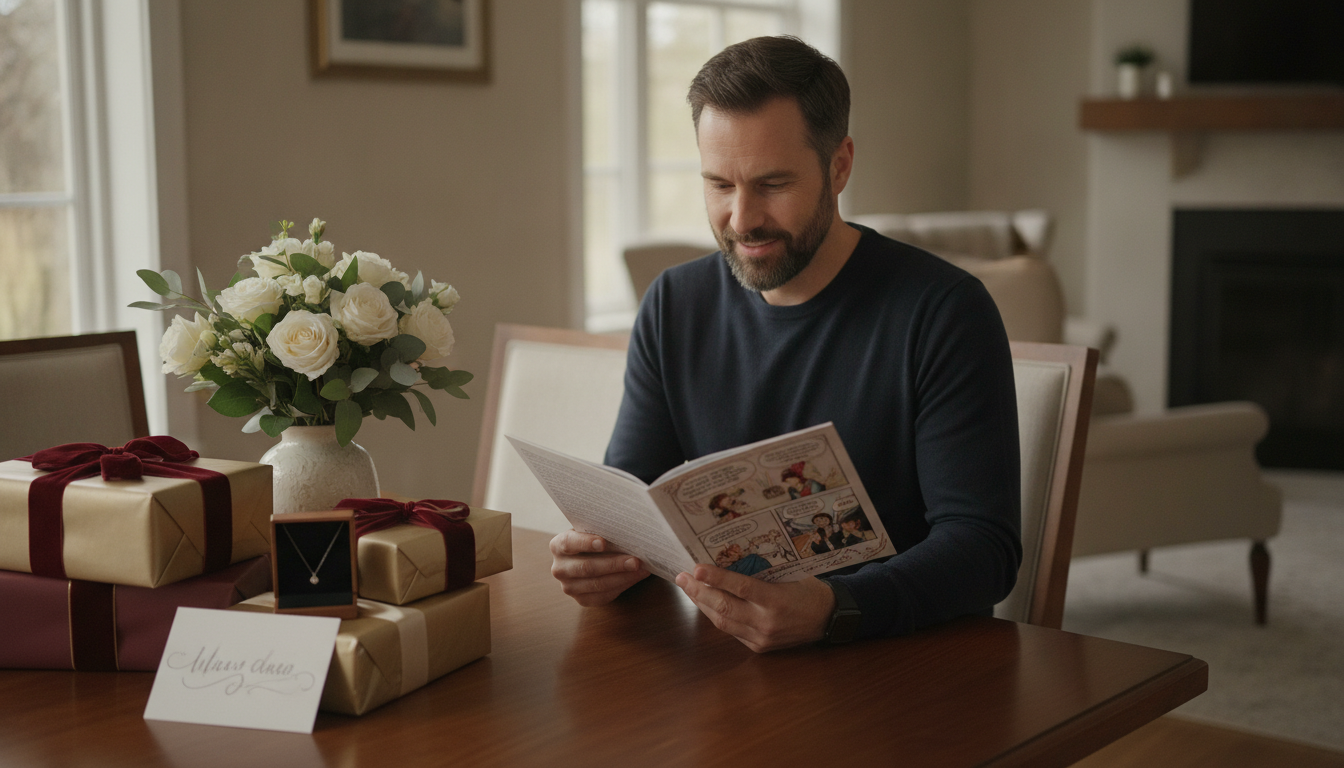 Thoughtful husband choosing a meaningful gift for his wife with wrapped presents, handwritten card, flowers, and a personalized keepsake at home